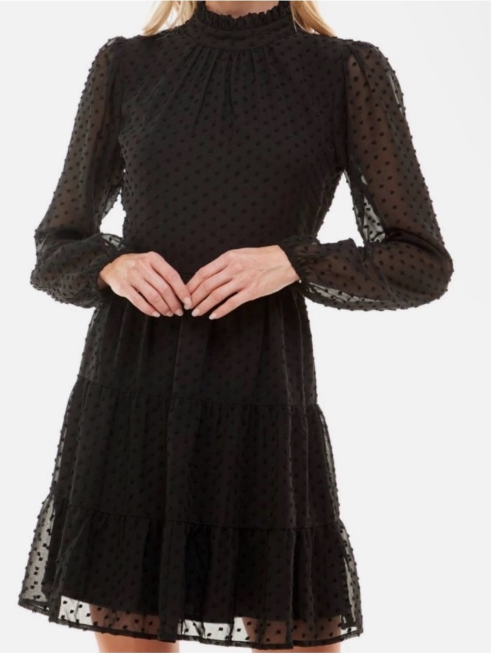 Trixxi Juniors Black Swiss Dot Long Sleeve Ruffled Neck Dress